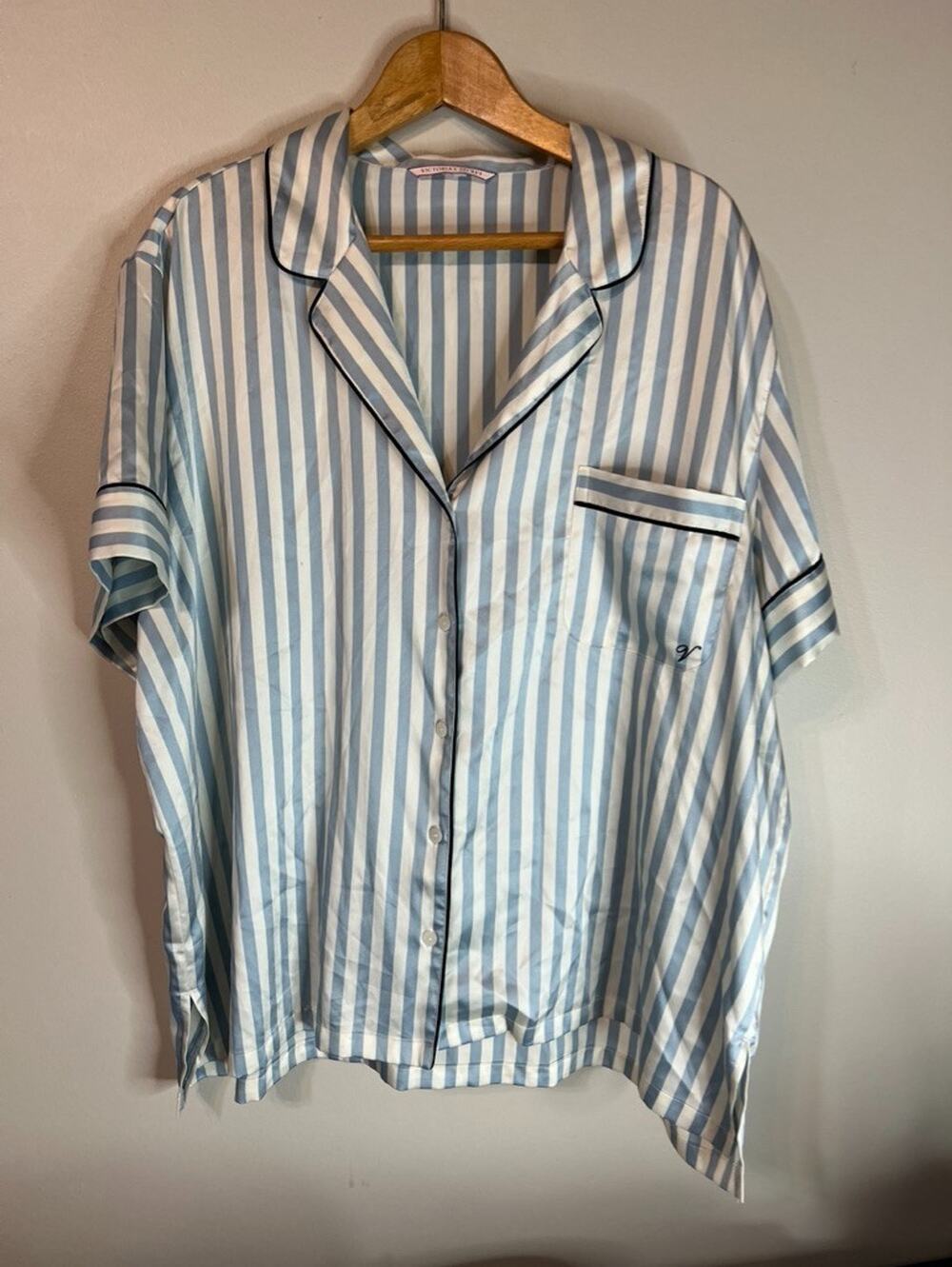Victoria's Secret Blue White Striped Satin Pajama Set Button Front Shorts XL Y2K